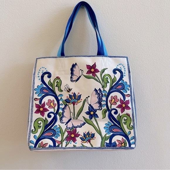 Brighton NWT Butterfly Garden Tote OS Blue Pink Canvas Shoulder Bag - Picture 4 of 8